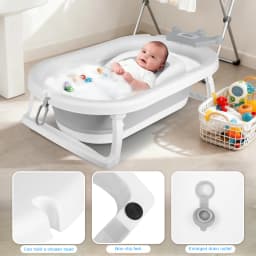 Foldable Bathtub Suitable for Babies 0-36 Months, Ergonomic and Space-Saving, with Water Thermometer, Seat, Bath Cap, 82 X 43 X 20 Cm, Grey, Bear/Crown/Rabbit/Leaf