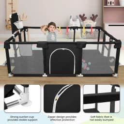 Baby Playpen 180x120×66 cm, with 50 Ocean Balls, 4 Rings, and 8 Non-Slip Suction Cups – Oxford Fabric Play Area – Suitable for Indoor/Outdoor Use – Dark Grey/Light Grey/Black/Blue