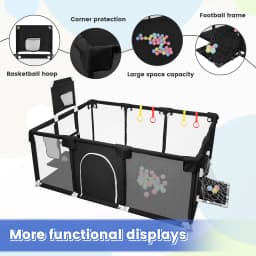Baby Playpen 180x120×66 cm, with 50 Ocean Balls, 4 Rings, and 8 Non-Slip Suction Cups – Oxford Fabric Play Area – Suitable for Indoor/Outdoor Use – Dark Grey/Light Grey/Black/Blue