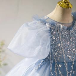 Elegant Blue Girls Dresses Piano Contest Performance Luxury Sequined Puff Sleeve For Kids Catwalk Show Birthday Party Customized