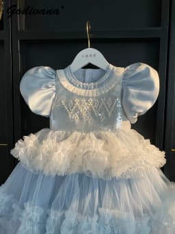 Sweet Little Girls Spring and Summer New Heavy Princess Gown Childrens Puff Sleeve Pearl Sequined Mesh Birthday Party Cake Dress