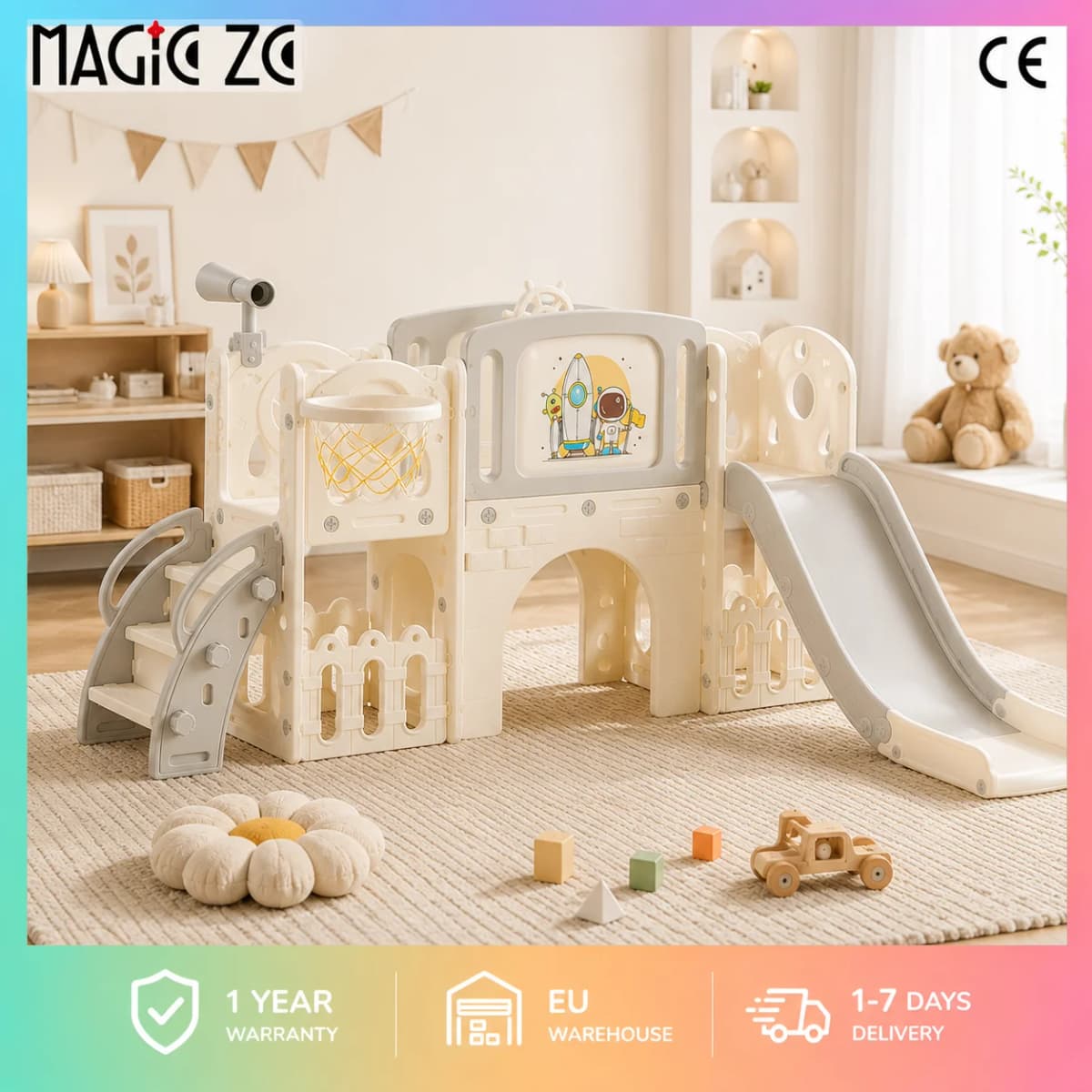 Indoor Playground Toddler Slide and Climber Set, Multi-Activity Kids Play Center with Basketball Hoop, Drawing Board & Toy Telescope, Non-Toxic HDPE Freestanding Nursery Slide Gym, Safe Family Amusement Park Playset