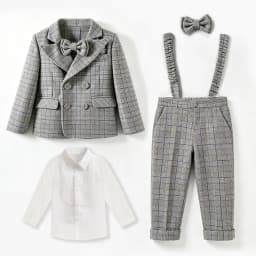 Kids Gentleman Plaid Suit 4Pcs Boys Double Breasted Jacket Pants Suspender Bow Tie Formal Wedding Birthday Party Stage Costume