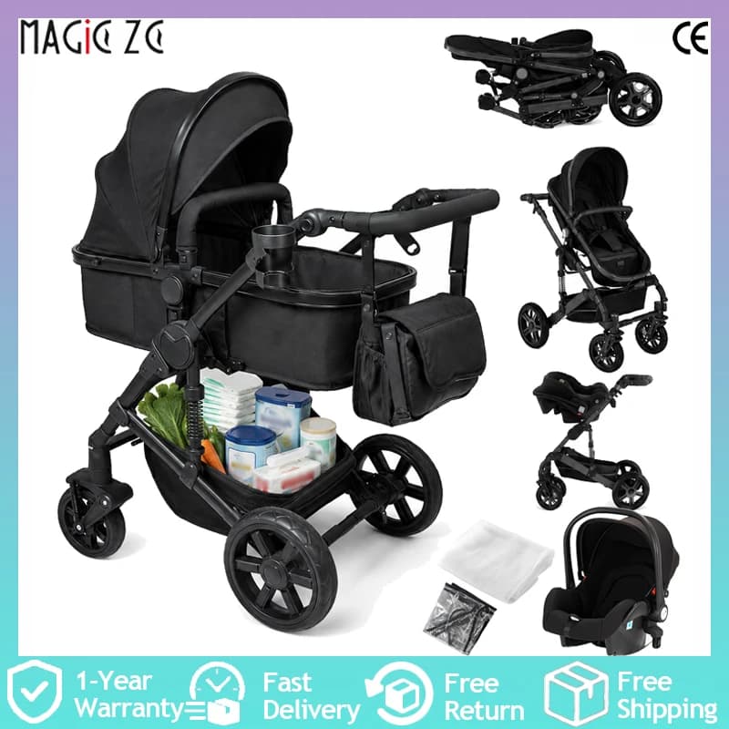 3-in-1 Baby Stroller Combo Travel System Lightweight Aluminum Frame Quick Folding All-Terrain Wheels with Suspension Reclining Backrest Comfortable Seat for Newborns with 6 Free Gifts