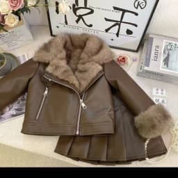 Girls Warm Lapel Solid Leather Jacket And Pleated Skirt Two-Piece Winter Children's Clothing Set Toddler Kids Outfits