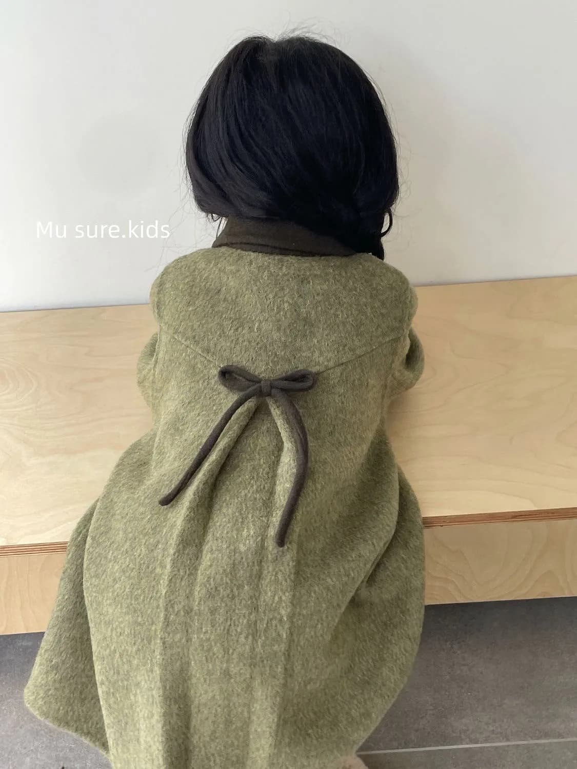 90-160cm Girls' Woolen Coat Autumn/Winter New Children's Retro Green Collar Double sided Woven Bow Overcoat