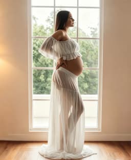 Cooling White Chiffon Maternity Dress - Breathable Lightweight Two Piece Off Shoulder Summer Gown for Maternity Photoshoot