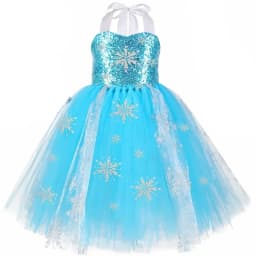 Sequins Princess Costume for Girls Sky Blue Tulle Tutu Dress Mid-Calf Snowflake Kids Halloween Birthday Carnival Party Dress Up