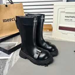 Little Girls Chunky Mid-calf Boots 2026 New Autumn Winter Kid British Style Leather Boots with Buckle Non-slip Kids Riding Boots