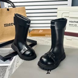 Little Girls Chunky Mid-calf Boots 2026 New Autumn Winter Kid British Style Leather Boots with Buckle Non-slip Kids Riding Boots
