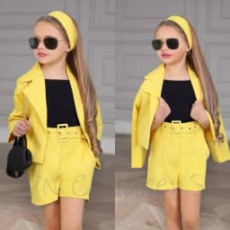 Customized Girl Outfit Solid Yellow Notch Lapel Girl Suits High Quality Party Birthday Children Clothing(Jacket+Short Pants)