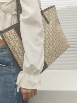 CH Tote Bag Monogram Print Large Capacity Shoulder Bag Brown Genuine Leather Trim Top Handle Handbag For Women Work Travel