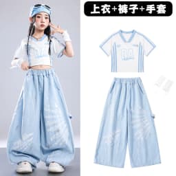 Girls Light Blue Print Crop Tops Letter Print Wide Leg Pants Hip Hop Dance Outfit Kids Jazz Stage Performance Costume Streetwear