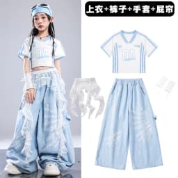 Girls Light Blue Print Crop Tops Letter Print Wide Leg Pants Hip Hop Dance Outfit Kids Jazz Stage Performance Costume Streetwear