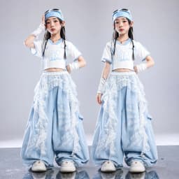 Girls Light Blue Print Crop Tops Letter Print Wide Leg Pants Hip Hop Dance Outfit Kids Jazz Stage Performance Costume Streetwear