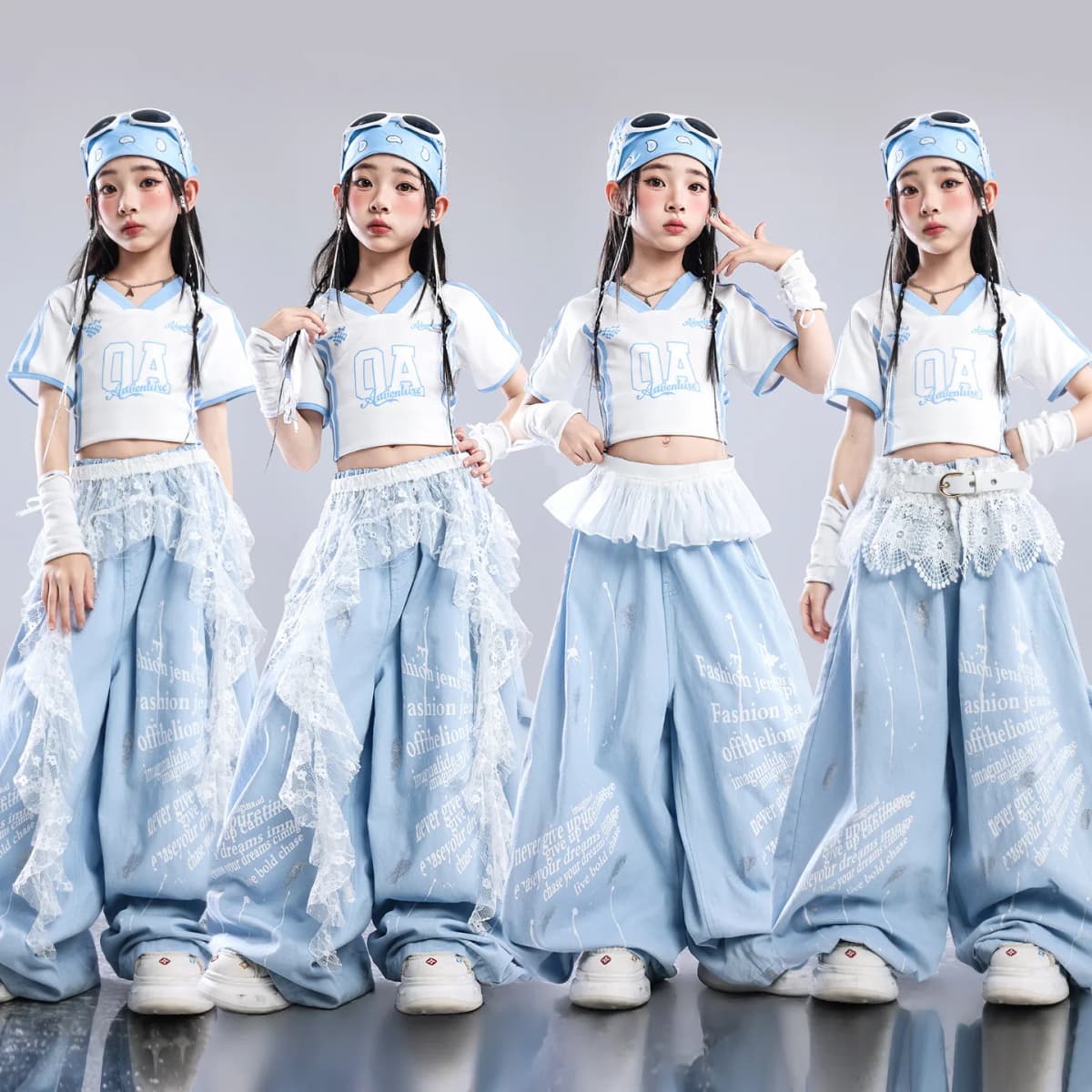 Girls Light Blue Print Crop Tops Letter Print Wide Leg Pants Hip Hop Dance Outfit Kids Jazz Stage Performance Costume Streetwear