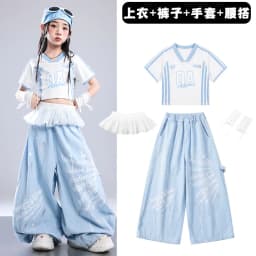Girls Light Blue Print Crop Tops Letter Print Wide Leg Pants Hip Hop Dance Outfit Kids Jazz Stage Performance Costume Streetwear