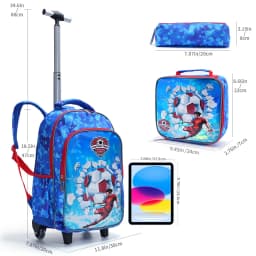 3PCS Rolling Backpack For Boys, Kids Travel Bag, Luggage Bag, Bookbag with Wheels, with Lunch Box And Pen Bag, Syk Blue Cartoon Soccer Pattern, Nighttime Reflective
