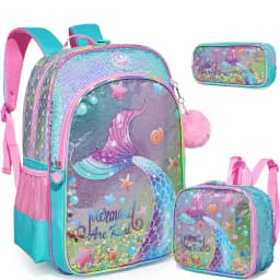 Girls Sequin Mermaid Backpack Set with Lunch Box, Lightweight Cute Bookbag for Kindergarten & Elementary Students