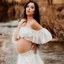 Silk Soft Organza Boho Two-Piece Maternity Dress Set Crop Top and Elastic Waist Skirt for Pregnancy Photoshoot YEWEN YW230309