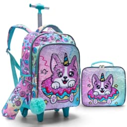 3PCS Set Rolling Backpack For Girls, Cute Cartoon Green Lucky Puppy Sequin Design Wheeled Bags With Lunch Box And Pen Bag