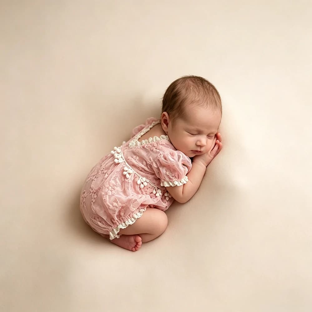 Newborn Photography Props Girl Pink Lace Romper Infant Photoshoot Outfit Vintage Princess Baby Bodysuit Studio Clothes