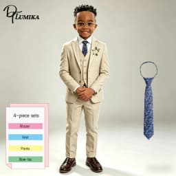 Luxury Beige Linen Kids Tuxedo Set Blue Floral Tie Comfortable 3 Piece Formal Suit for Wedding Ring Bearer All Special Occasions