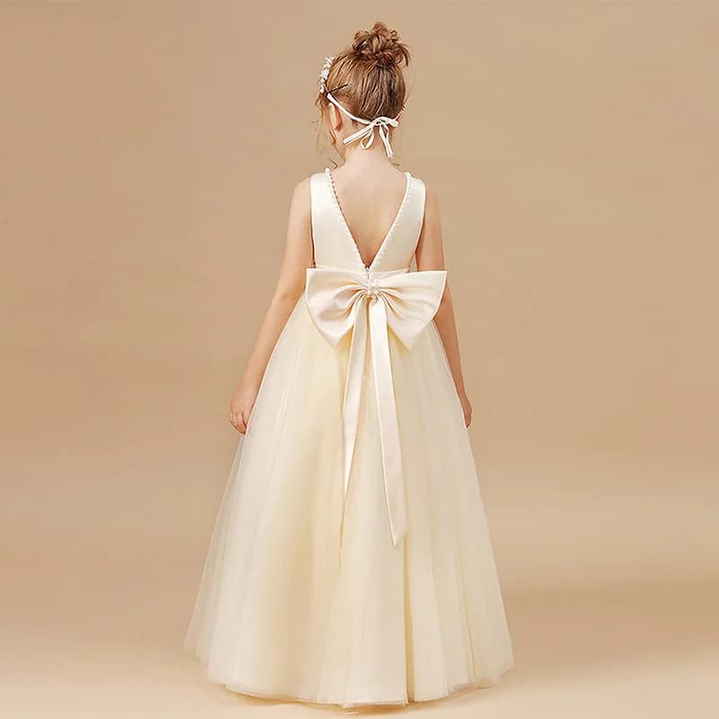 Girls' Premium Princess Dress with Oversized Bow – Full Tulle Flower Girl & Recital Gown for Piano Performances