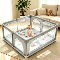 Gray Baby Playpen for Infants & Toddlers, Indoor & Outdoor Kids Activity Center Play Yard, Skin-Friendly Cushioned Play Fence with Soft Breathable Mesh, Anti-Bump Safe Play Pen, Portable Indoor/Outdoor Playpen, The Best Gift for a Baby.