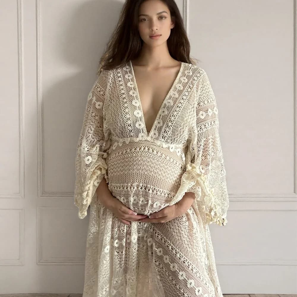 Hollow Out Beige Lace Boho Pregnancy Photo Shoot Long Dress Maternity Photo Session Dress Outfit See Through