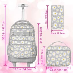 3Pcs Gray Daisy Wheeled Backpack Set Trolley School Bag with Lunch Box Pencil Case