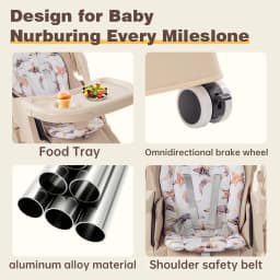 Multi-Functional Baby High Chair with Adjustable Eating Tray, Convertible Infant Feeding Booster Seat, Pyramid Stable Frame with Omnidirectional Brake Wheels, Breathable Padded Cushion for Toddlers