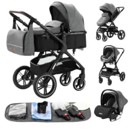 3 In 1 Premium Baby Stroller Set, Soft Sweat-Proof Ventilated Seat Mat, One Step Fast Fold Space Saving Construction, Extra Large Under-Seat Storage Basket, Heavy Duty Shock Absorbing Wheels, High View Infant Pushchair