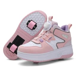Kids Roller Skate Shoes 4 Wheels Rotary Buckle Mid Top Deformation Sneakers Outdoor Skating Shoes For Boys Girls Size 31-42