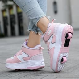 Kids Roller Skate Shoes 4 Wheels Rotary Buckle Mid Top Deformation Sneakers Outdoor Skating Shoes For Boys Girls Size 31-42
