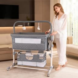 Cribs for Baby Baby Bed Baby Cradle Multi Functional Infant Sleeping Bed Lightweight Portable Four Wheel Hand Push Newborn Cribs with Half-covered Mosquito Net Memory Cotton Mattress Soft and Safety Cradle