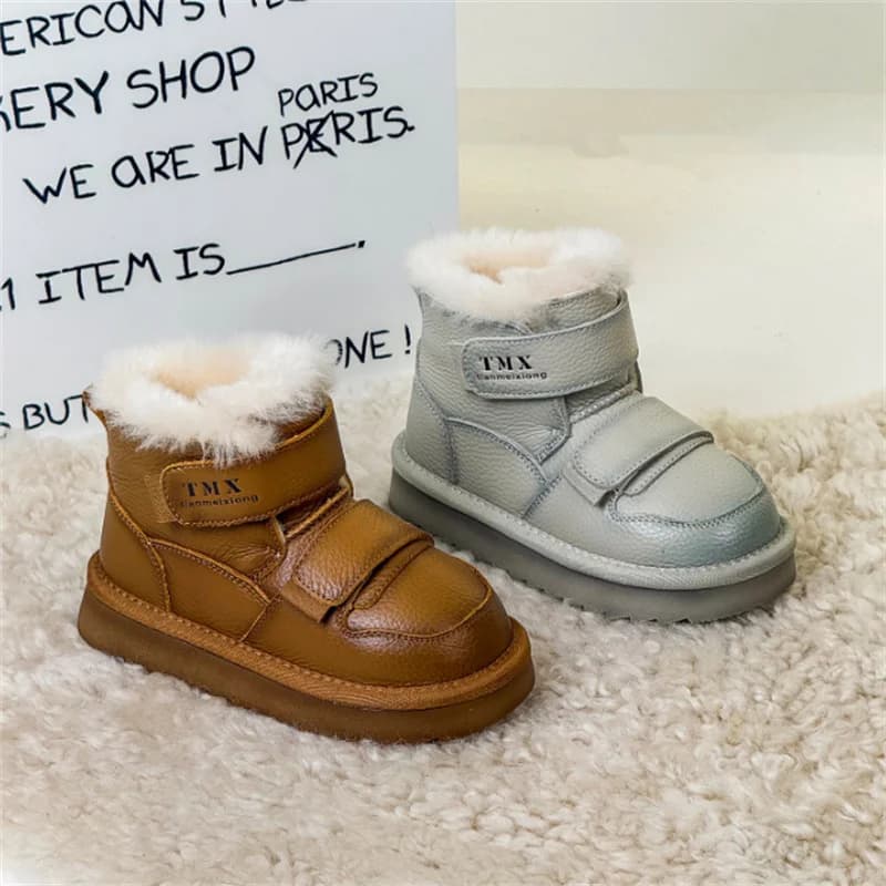 2025 Winter Children Snow Boots Genuine Leather Double Hook&Loop Warm Flush Kids Shoes Non-slip Fashion Girls Boys Boots