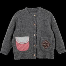 Amila 2026 Winter Children's Burgundy Cardigan Sweater, Contrasting Color Patchwork Pocket, Warm Knit, Playful And Fashionable
