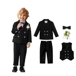 90-170 Kids Spring 5Pieces/Set Jacket Vest Pants Bowtie Brooch Party Dress Boys Host Costume Children Graduation Photograph Suit