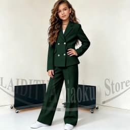 Girls Double Breasted Suit Blazer Wide Leg Pants Elegant Formal Outfit Birthday Wedding Party Kids Fashion Clothes Set 2 Piece
