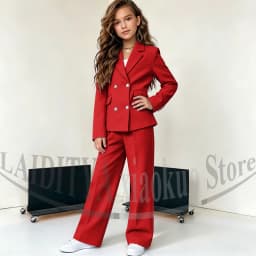 Girls Double Breasted Suit Blazer Wide Leg Pants Elegant Formal Outfit Birthday Wedding Party Kids Fashion Clothes Set 2 Piece