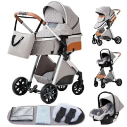 Multi-scene convertible 3-in-1 baby stroller combines newborn sleeping basket, toddler sport seat and certified infant safety car seat in one set. Equipped with shock-absorbing four wheels and adjustable reclining backrest that can lay flat, the complete