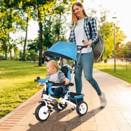 Homcom Evolutionary Tricycle for Children +12 Months with Folding Awning, Telescopic Push Handle and Safety Belt Blue