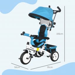 Homcom Evolutionary Tricycle for Children +12 Months with Folding Awning, Telescopic Push Handle and Safety Belt Blue