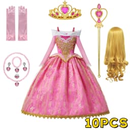 Muababy Sleeping Beauty Pink Off Shoulder Gown for Girls Long Sleeve Princess Halloween Party Cosplay Costume 2-8Y Birthday Gift