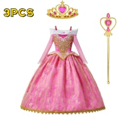 Muababy Sleeping Beauty Pink Off Shoulder Gown for Girls Long Sleeve Princess Halloween Party Cosplay Costume 2-8Y Birthday Gift