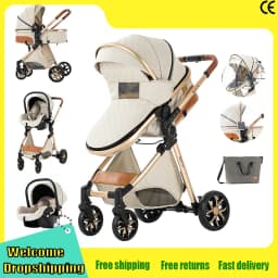3-in-1 Baby Stroller with Car Seat Baby Pram Foldable Easy to Carry Stable Dual-directional Baby Pushchair Compact Baby Buggy Awning Travel System Newborn Carriage