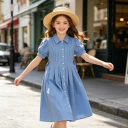 Girls Blue White Cotton Preppy Shirt Midi Dress Collared Button Down Puff Sleeve Back Bow Casual School Summer Kids Sundress