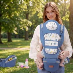 Blue Breathable Mesh Baby Carrier with Cute Cartoon Print, Ergonomic Infant Sling with Hip Seat, Hands-Free Newborn to Toddler H