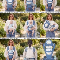 Blue Breathable Mesh Baby Carrier with Cute Cartoon Print, Ergonomic Infant Sling with Hip Seat, Hands-Free Newborn to Toddler H